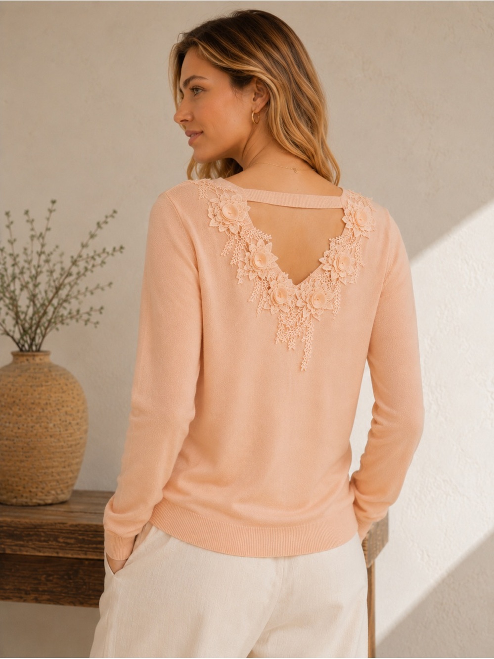 Blush Pink Floral Appliqué Open Back Sweater Balletcore Coquette